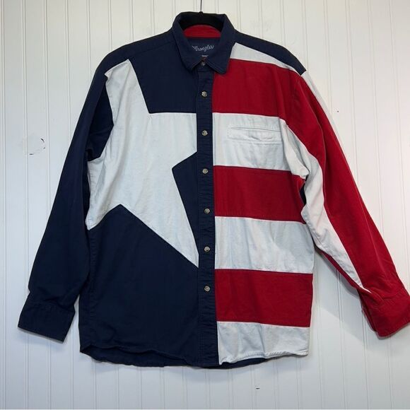 90's Wrangler Western Shirt Texas Flag Button Down Long Sleeve Red White Blue L - Picture 14 of 15